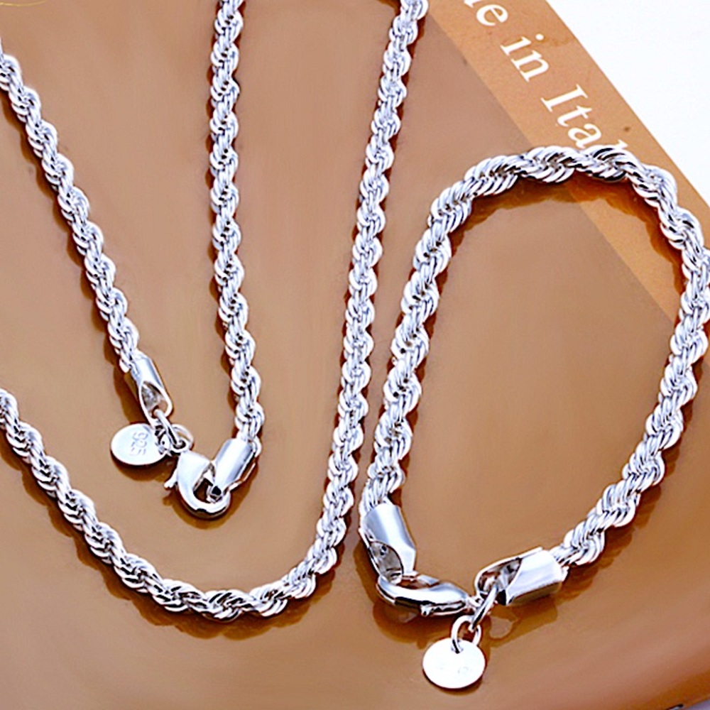 Sterling Silver Rope Chain Unisex Necklace Bracelet Matching Set - Picture 2 of 7